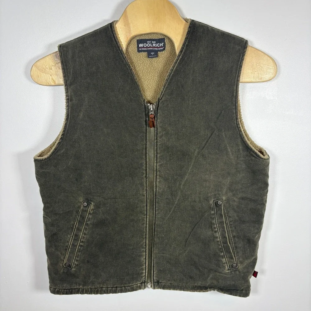 Woolrich Mens Canvas Sherpa Lined Vest Large Olive Green Faded Workwear Full Zip